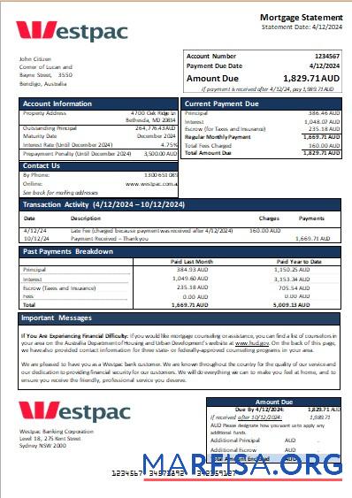 Realistic Australia Westpac bank mortgage statement scr real example